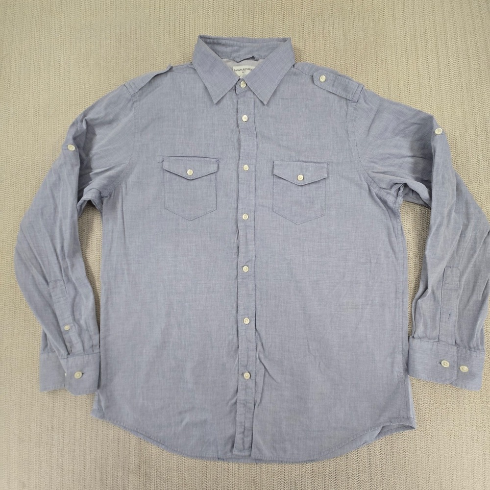 Banana Republic Shirt Mens XL Blue Check Epaulettes Long Sleeve Button Up Down
